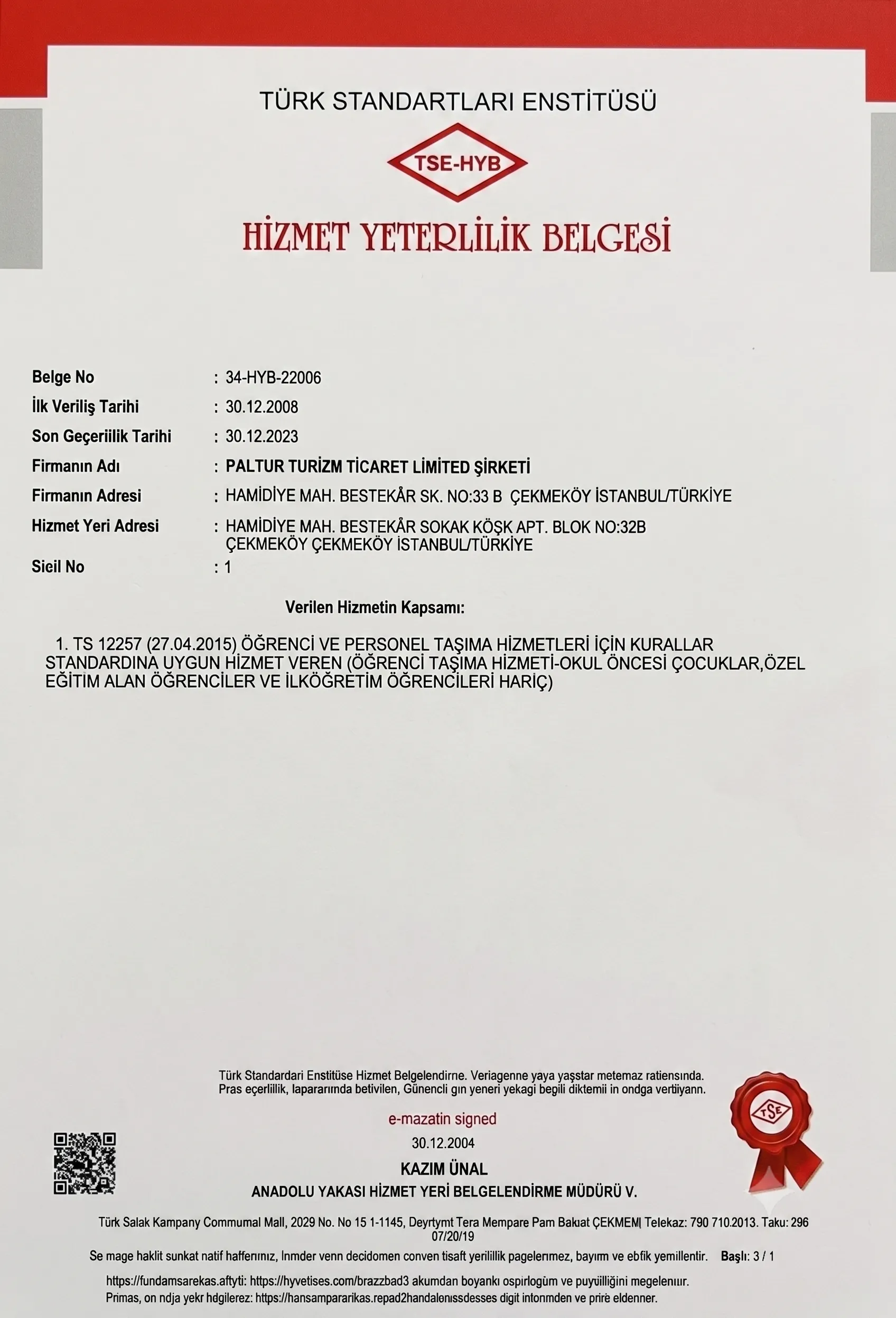 Hizmet Yeterlilik Belgesi
